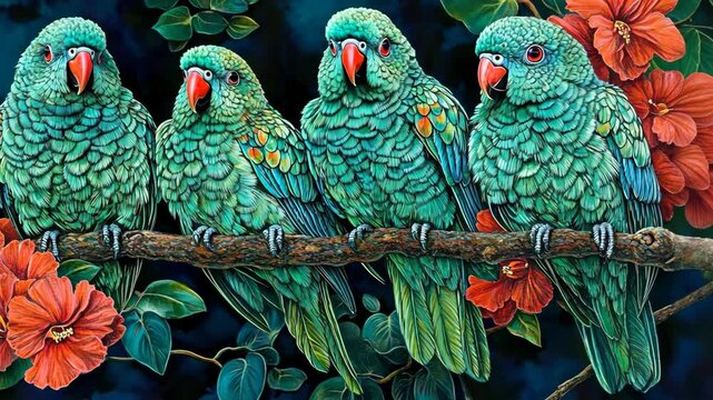 Vibrant green parrots perched on a branch surrounded by tropical flowers in a lush environment