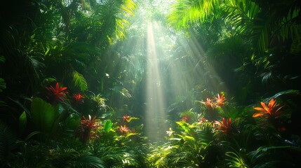 A lush jungle filled with vibrant plants, exotic animals peeking through the foliage, and golden sunlight filtering through dense trees