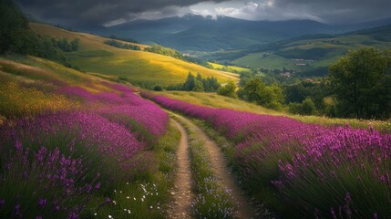 Obraz premium Serene Lavender Fields with a Winding Path Under Dramatic Clouds in a Rural Landscape