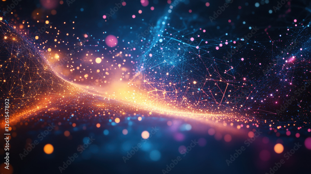 Poster abstract background with glowing particles and connections, a data transfer concept