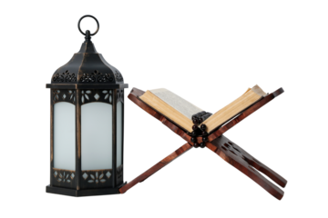 PNG, Ramadan. Quran book on a stand with a lantern, isolated on a white background.