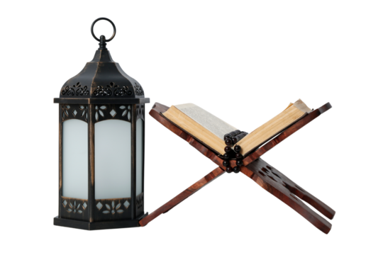 PNG, Ramadan. Quran book on a stand with a lantern, isolated on a white background.