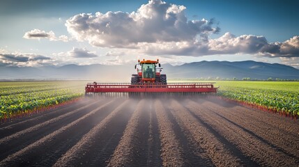 Obraz premium Tractor working on a lush green field under a dramatic sky.