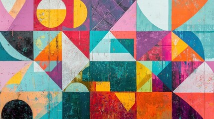 Fototapeta premium Vibrant Geometric Abstract Mural: A Symphony of Color and Shape