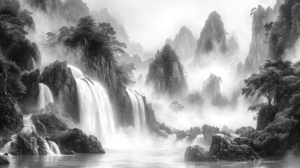 Misty mountain waterfalls, serene landscape, tranquil nature scene, perfect for meditation, zen