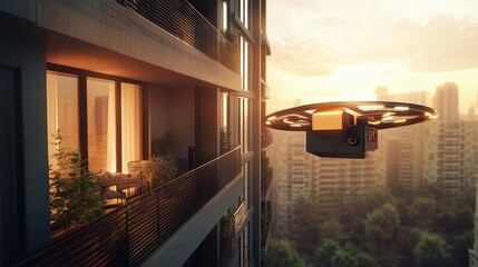 Fototapeta premium Drone delivering package to urban balcony, futuristic e-commerce logistics. 