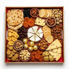 A square shaped Diwali-themed charcuterie board with Indian-inspired elements like spiced nuts, dried fruits, and sweet treats. Include cheeses, crackers, and gold-dusted chocolates.