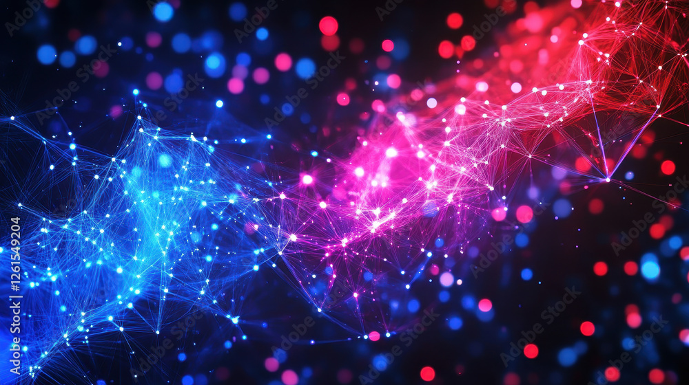 Poster abstract technological background with glowing connections and dots in blue and red colors