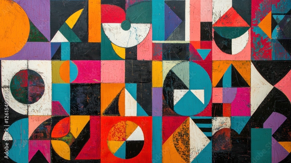 Poster geometric symphony: a vibrant abstract canvas featuring a dynamic composition of colorful shapes and