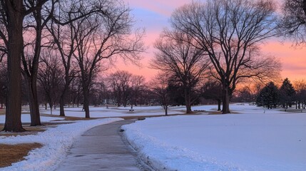 Serene winter landscape at dusk with snow-covered paths and trees under a colorful sky