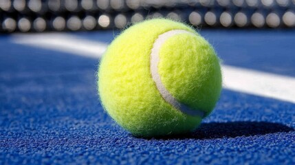 Close-up of a A green tennis ball is featured on a blue court with white lines on it