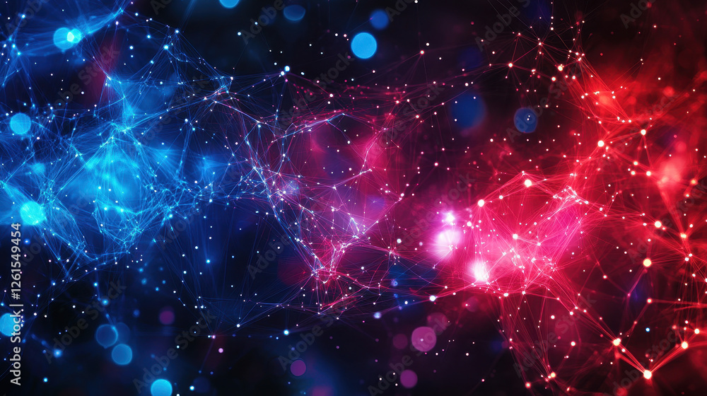 Poster abstract technological background with glowing connections and dots in blue and red colors