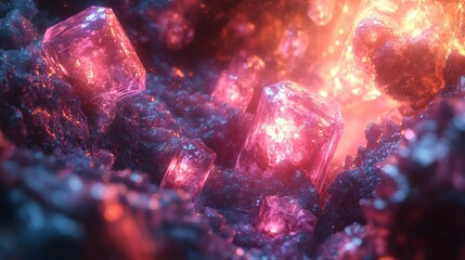 Glowing crystals embedded in dark rock