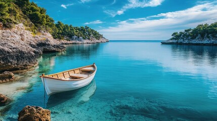 Obraz premium Tranquil Cove: Serene Boat on Crystal Clear Waters