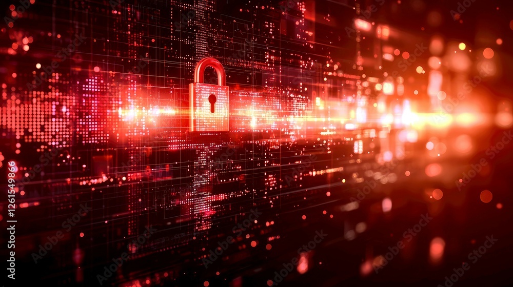 Poster cyber security: digital lock on red abstract background. data protection, network security, privacy