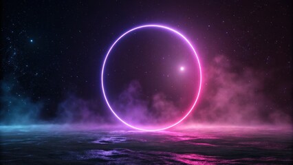 Futuristic background concept, Neon circle in a cosmic landscape with fog