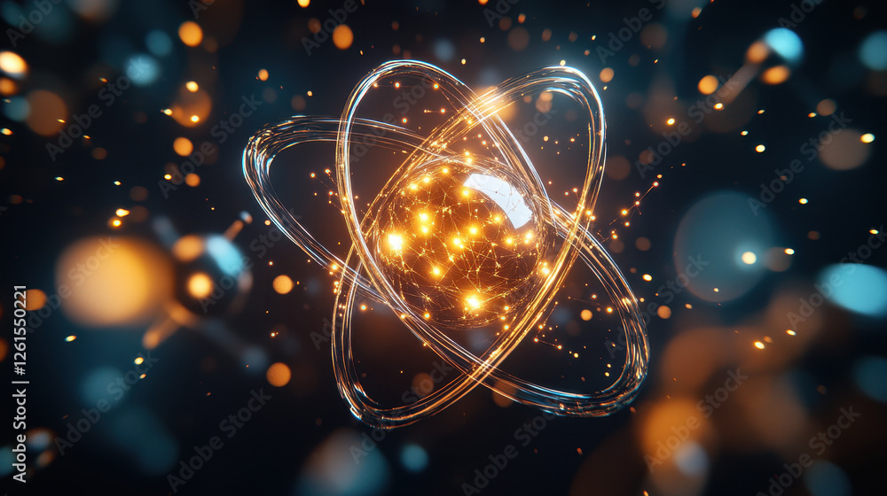 Poster abstract futuristic background with a glowing golden atomic model and other elements on a dark backd