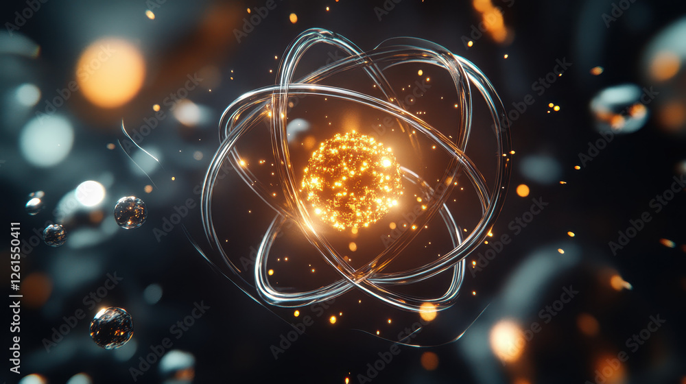Poster abstract futuristic background with a glowing golden atomic model and other elements on a dark backd