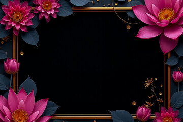 A stunning invitation design with a charcoal black background and lotus flowers in shades of magenta, fuchsia, and rose gold. 