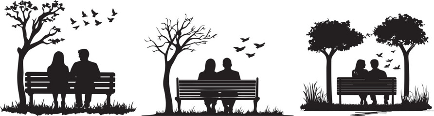 Silhouette of a couple sitting together on a park bench, watching birds in flight vector silhouette