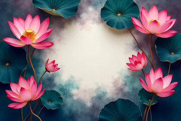 A wedding invitation featuring deep shades of plum, emerald, and black with softly pink lotus flowers