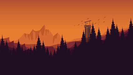 Fototapeta premium aesthetic winter forest mountains sunset nature landscape vector illustration good for web banner, ads banner, tourism banner, wallpaper, and adventure design