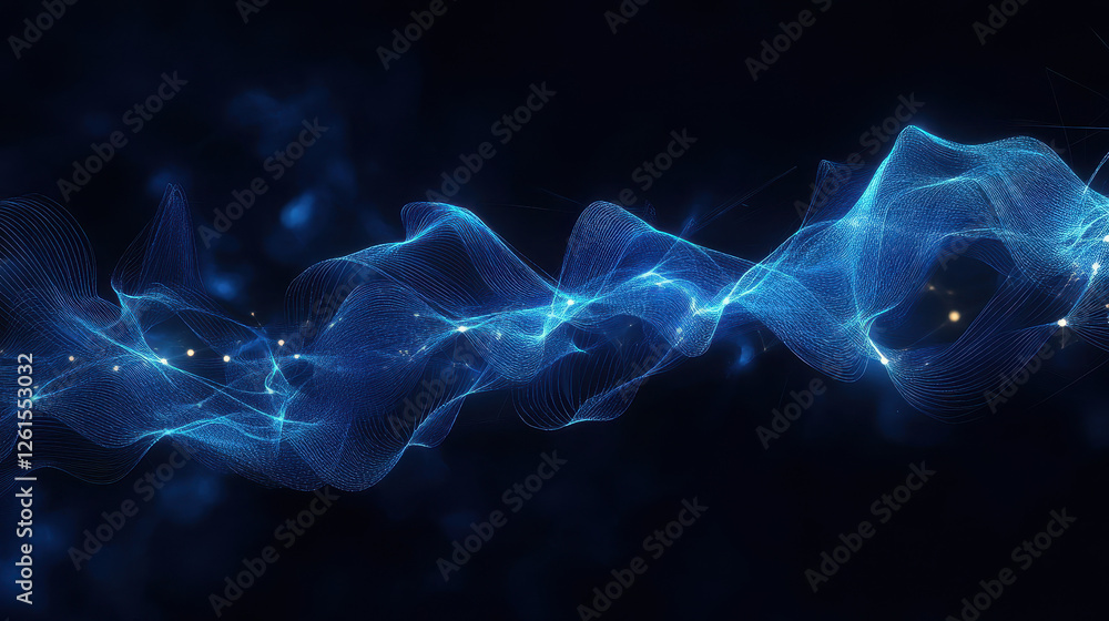 Poster abstract blue glowing particles wave on a dark background with a bokeh effect