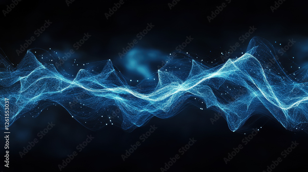 Poster abstract blue glowing particles wave on a dark background with a bokeh effect