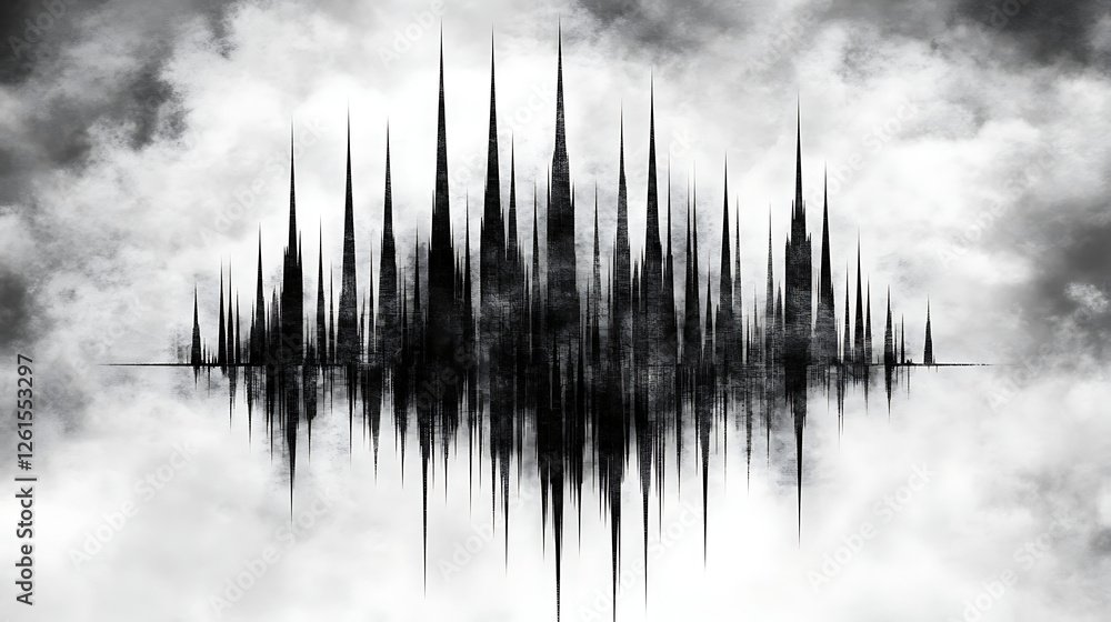 Poster abstract audio spectrum visualized against dreamy cloudscape backdrop monochrome art expression