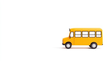 Bright yellow toy school bus moving across a white background, ideal for children's education themes