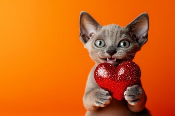 Ad conceptual art. Cute devon rex kitten cub with sparkling rhinestones red heart - sign of love, funny greeting card. Devon rex - my cherished cat. Kitten valentine theme. Fluffy cat.