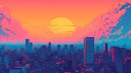 Obraz premium Vibrant sunset over a bustling city skyline with colorful clouds.
