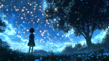 Obraz premium A young girl gazes at a magical night sky filled with stars and glowing flowers.
