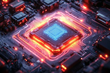 Central Chip on Circuit Board Surrounded by Blue Neon Lines. Dark Gray and Black Technological Components Create Futuristic Atmosphere. High-Resolution Flat Illustration.