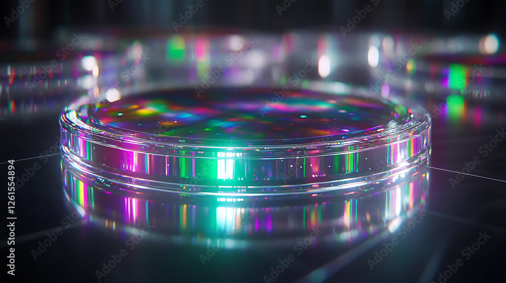Poster abstract circular futuristic platforms reflecting iridescent light and colors play in science lab se