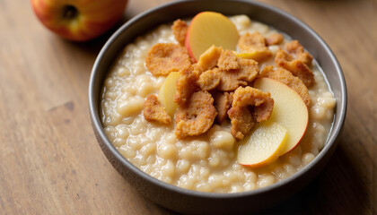 Warm amaranth porridge with sliced apples, comfort food in natural light