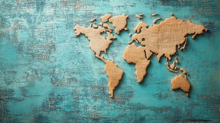 Wooden world map on turquoise backdrop. Ideal for travel, global concepts, and geography projects.