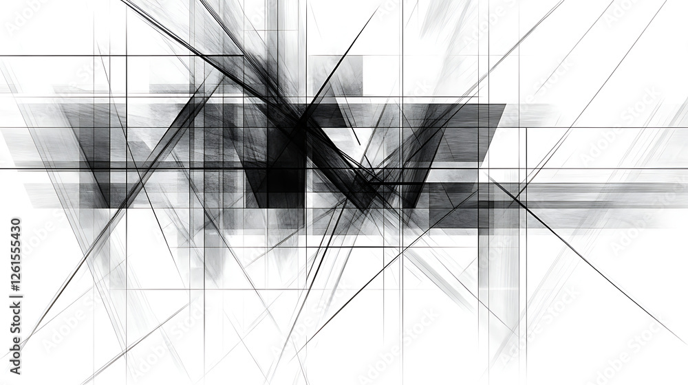 Poster abstract composition of intersecting lines and geometric shapes in black and white monochrome style