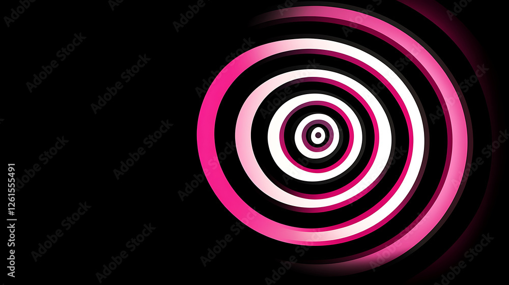 Poster abstract concentric circles design with pink and white alternating bands on black background