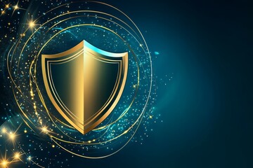Fototapeta premium Shiny Golden Shield Design Surrounded by Twinkling Stars and Sparkles in an Enchanting Blue Background for Security or Protection Concept Imagery