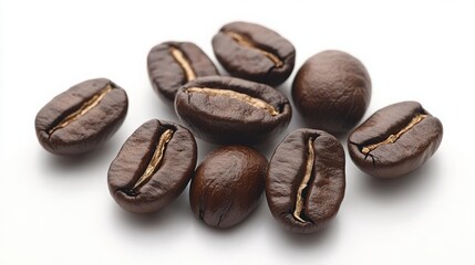 Obraz premium Freshly Roasted Coffee Beans on a White Background, Showcasing the Rich Color and Texture Ideal for Coffee Enthusiasts, Baristas, or Culinary Projects