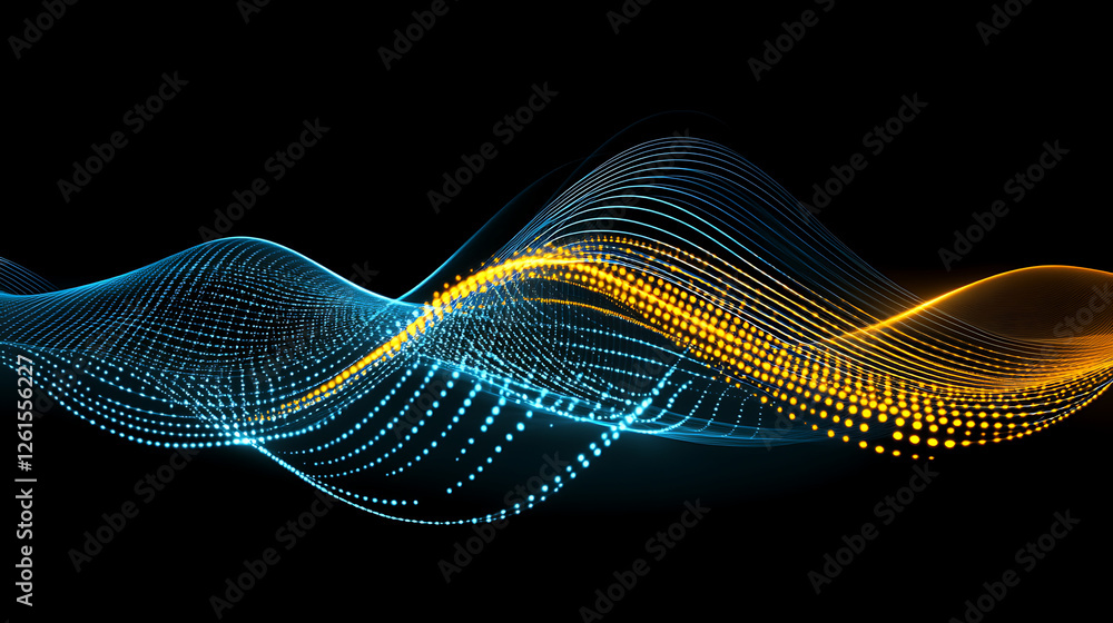 Poster abstract data flow visualization with dotted waveforms on a black background for technical display