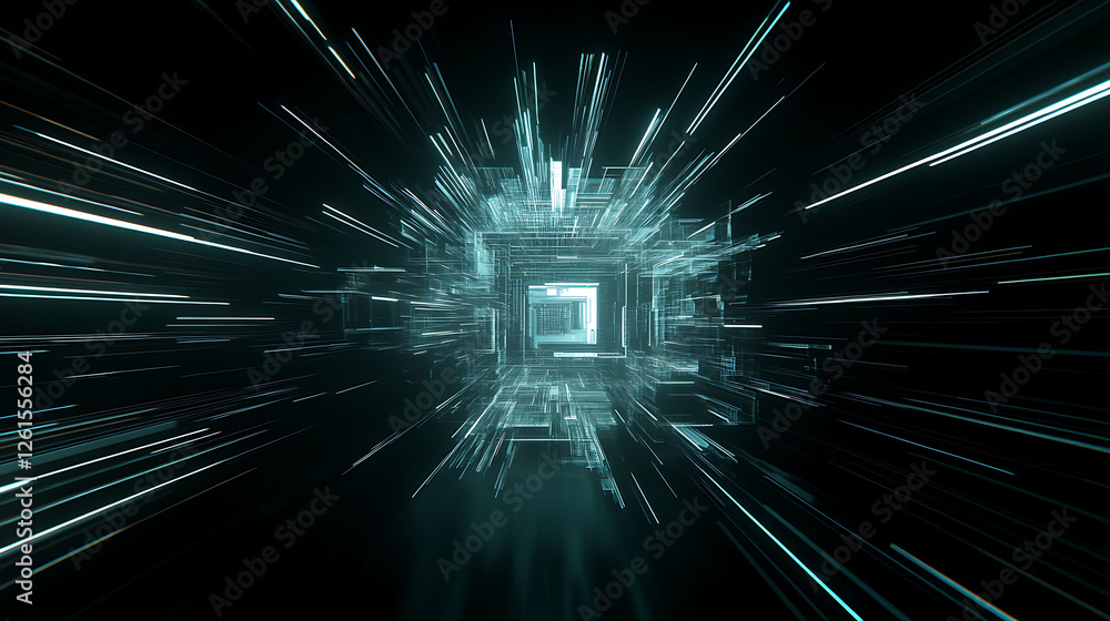 Poster abstract data tunnel visualisation with interdimensional gateway and quantum entanglement concept