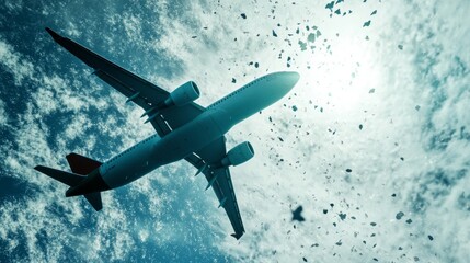 Obraz premium Space debris descending near airplane, symbolizing growing aviation risks.