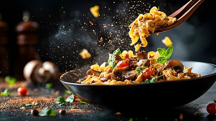 Bowl of pasta with wooden spoon and hearty vegan mushroom stroganoff on a rustic wooden table