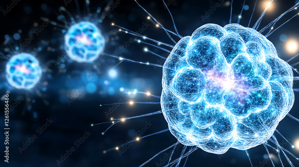 Poster abstract digital rendering of cellular structures and molecular networks with bright emanating glow