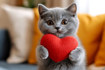 Chartreux - my preferred cat, symbol of care. Cute chartreux feline infant cub with furry friend animal toy red heart at cozy abode. Ad pet visual idea. Furry love story. Cuddly pet romance.