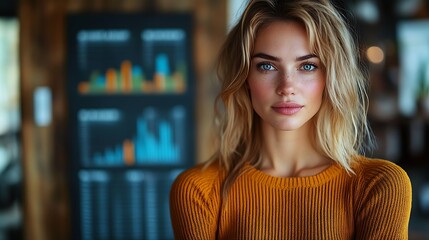 Young woman with blonde hair in a cozy setting, contemplating in front of a colorful chart backdrop