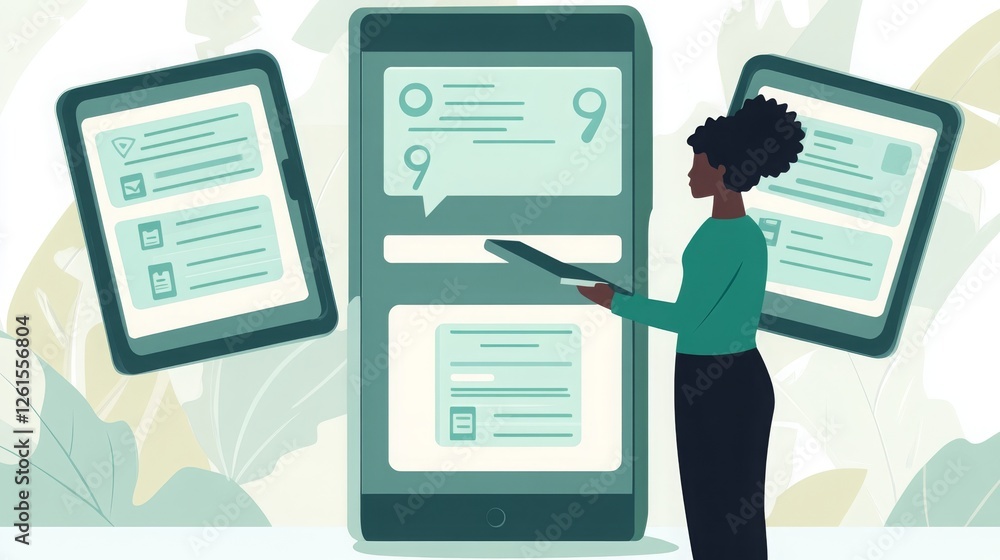 Aufkleber woman using touchscreen device surrounded by multiple digital interfaces, signifying modern communic