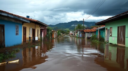 Fototapeta premium Flooded street in a colorful village under a cloudy sky.